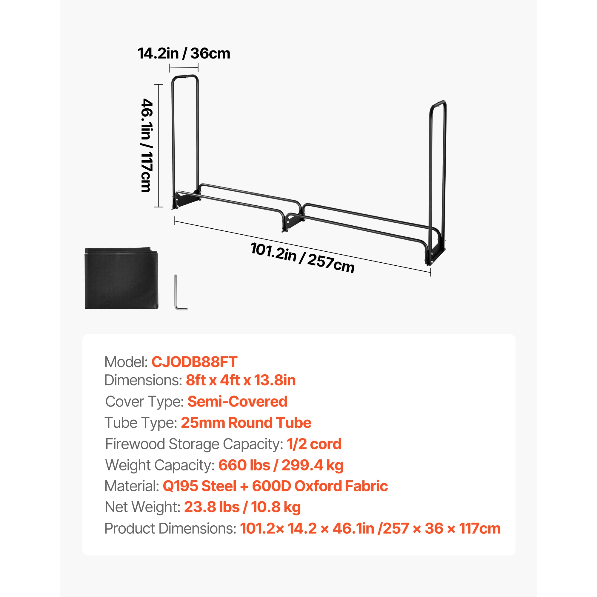 Firewood Rack With Waterproof Cover, 8 Ft Outdoor Firewood Holder, 1/2 Cord Storage Metal Log Holder, 660lb Max Weight Capacity, Top Covered, Powder-Coated Wood Storage Rack For Fireplace Deck_maomaolike.com